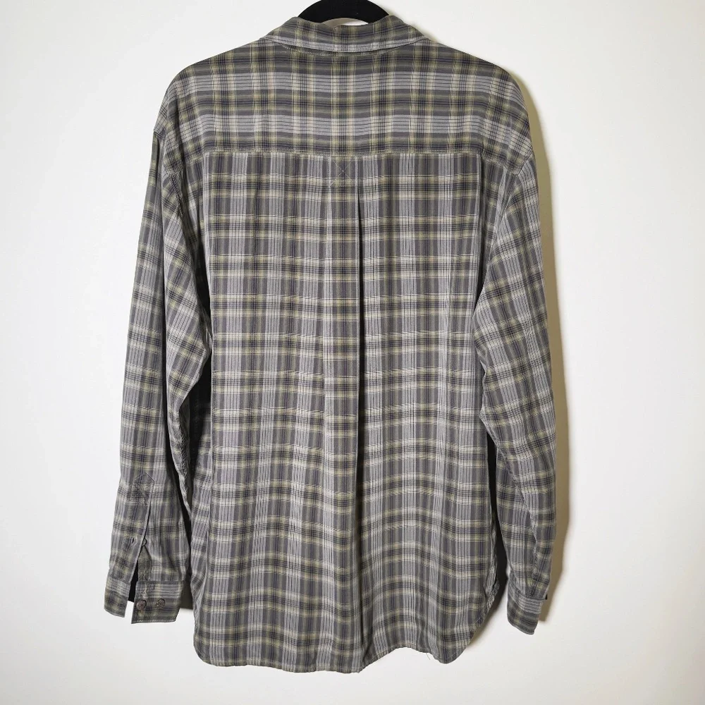 Tommy Bahama - 100% Silk Plaid Shirt - Lightweight M - Green/Grey - Wood Buttons - Picture 4 of 6